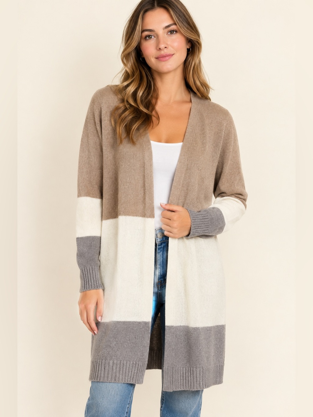 NWT Doe & Rae Cashmere Blend Color Block Open Long Cardigan Size L Neutral Boho